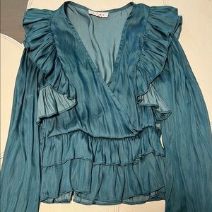 THML Blue Ruffled Wrap Blouse with Long Sleeves